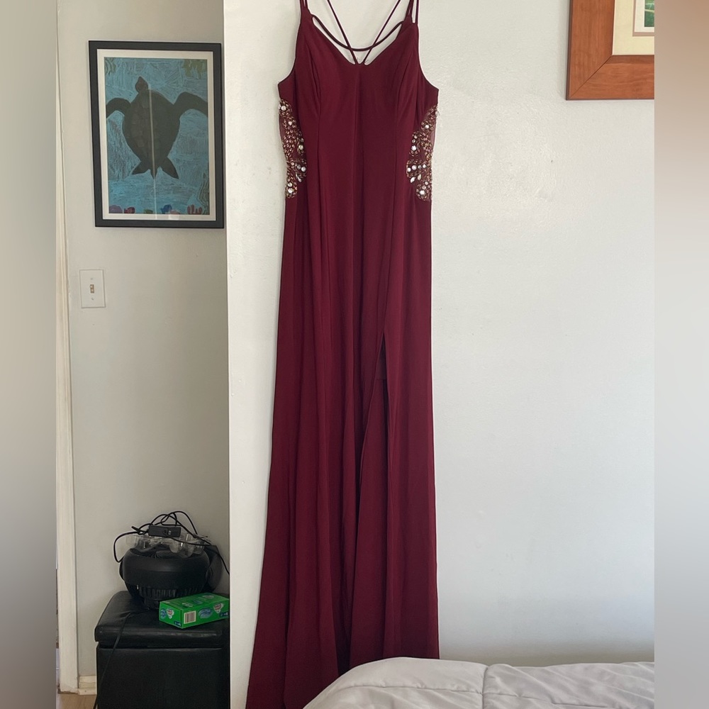 maroon beaded prom dress